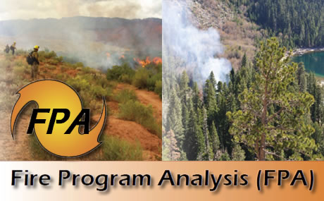 Fire Program Analysis text and logo overlaid on two pictures, firefighters monitoring a range fire and smoke rising from a forest.