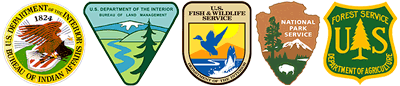 The logos of the United States Department of the Interior's Bureau of Indian Affairs, Bureau of Land Management, U.S. Fish and Wildlife Service, and the National Park Service; and, the shield of the United States Department of Agriculture's Forest Service.